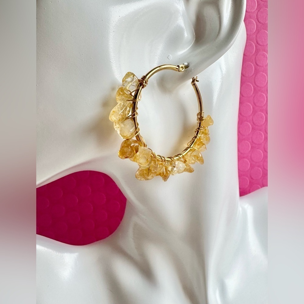 New Natural Yellow Citrine Stone Wire Wrapped Gold Tone Hoop Earrings - 2”